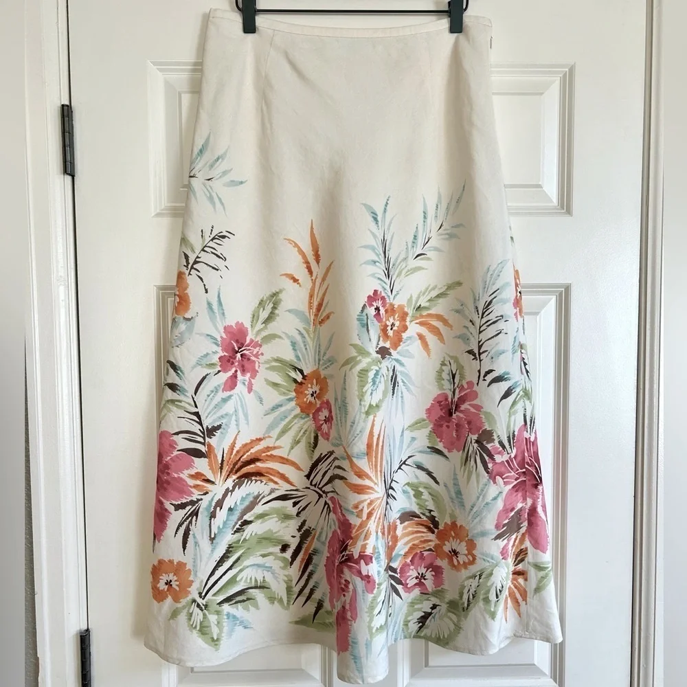 Talbots Linen Cotton Blend A-Line Off White & Floral Midi Skirt Size 12 - Picture 2 of 12